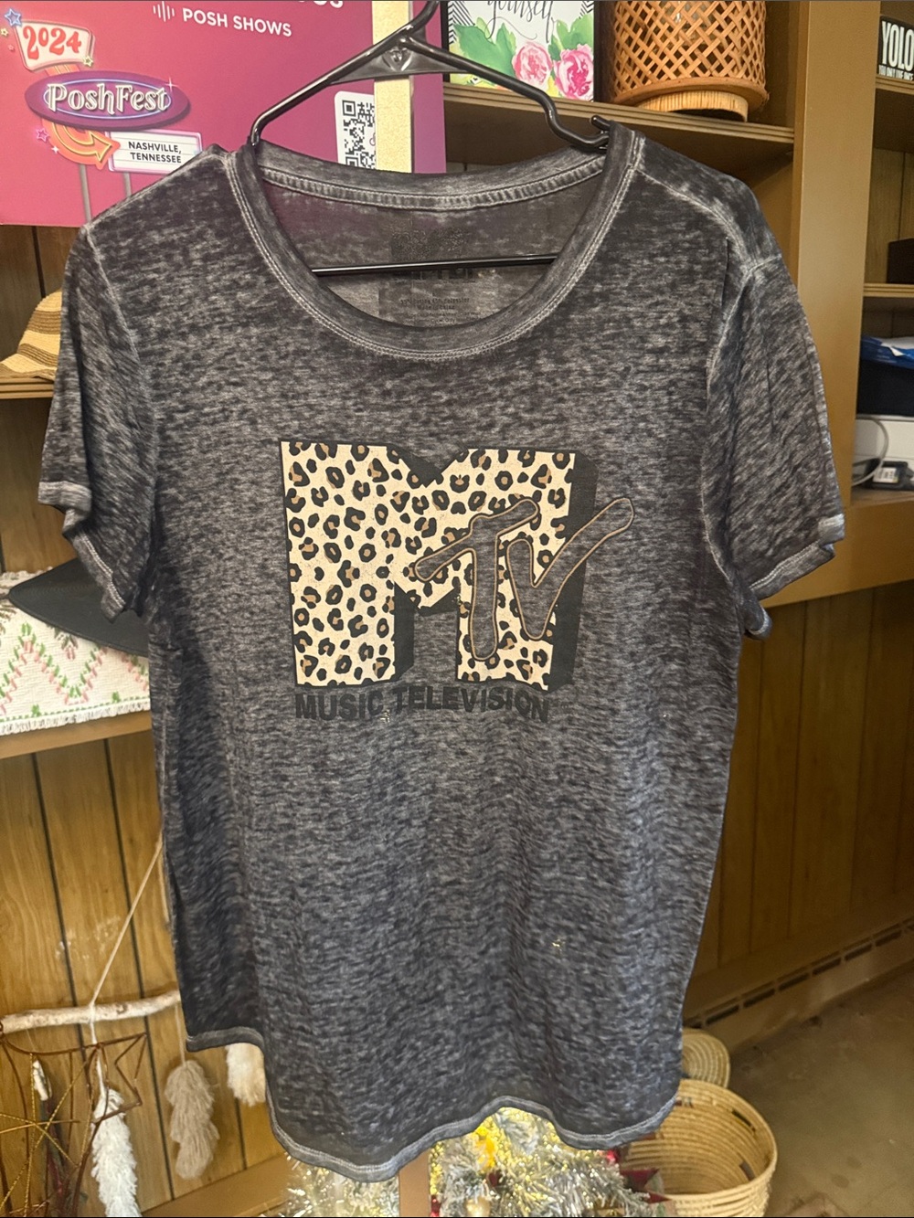 MTV Black Acid-Wash Tee with Leopard Logo Patch